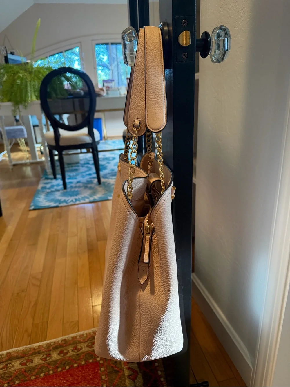 Tory Burch Blush Pink Pebbled Leather Shoulder Tote with Gold Chain Handles